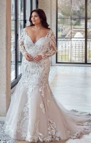 Mermaid Wedding Dresses Plus Size V Neck Long Sleeves Bride Gowns Lace Appliques Sweep Train Tulle Vestido De Noiva PSL98003