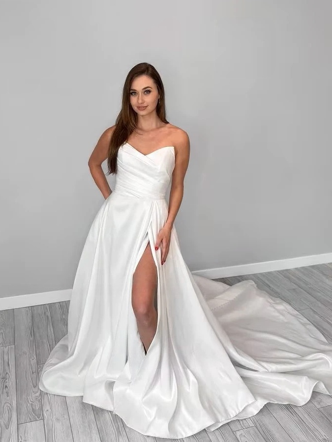 SoDigne A-line Simple Satin Wedding Dresses V-neck Sleeveless Bride Gown Women Split Bridal Dress vestidos de novia Customized 1 SoDigne A-line Simple Satin Wedding Dresses V-neck Sleeveless Bride Gown Women Split Bridal Dress vestidos de novia Customized