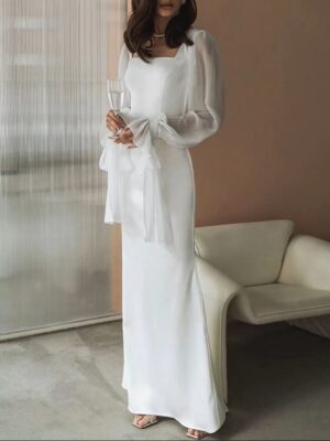Alternative view of SoDigne Simple Wedding Dresses Square Neck Puff Sleeves Bodycon Satin Bride Dresses Vintage Bridal Gown Floor length Customized