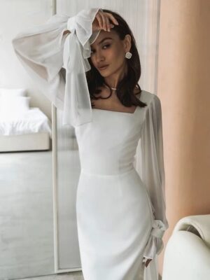 SoDigne Simple Wedding Dresses Square Neck Puff Sleeves Bodycon Satin Bride Dresses Vintage Bridal Gown Floor length Customized 6 Ae53aa1e777a04748a85aba4558a66d9dg