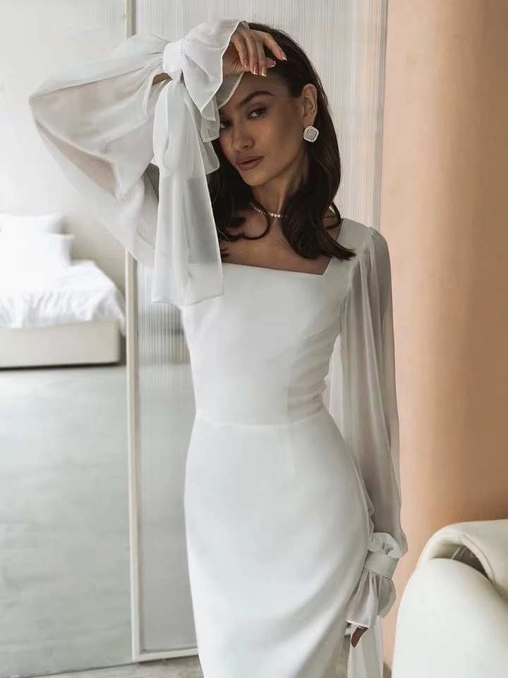 SoDigne Simple Wedding Dresses Square Neck Puff Sleeves Bodycon Satin Bride Dresses Vintage Bridal Gown Floor length Customized 3 SoDigne Simple Wedding Dresses Square Neck Puff Sleeves Bodycon Satin Bride Dresses Vintage Bridal Gown Floor length Customized - Bild 3