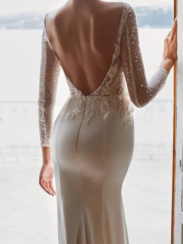 Modern Mermaid Wedding Dresses Women O-Neck Long Sleeves Backless Lace Applique Vestido De Novia Shiny Bridal Gowns Customized 2 Modern Mermaid Wedding Dresses Women O-Neck Long Sleeves Backless Lace Applique Vestido De Novia Shiny Bridal Gowns Customized - Bild 2