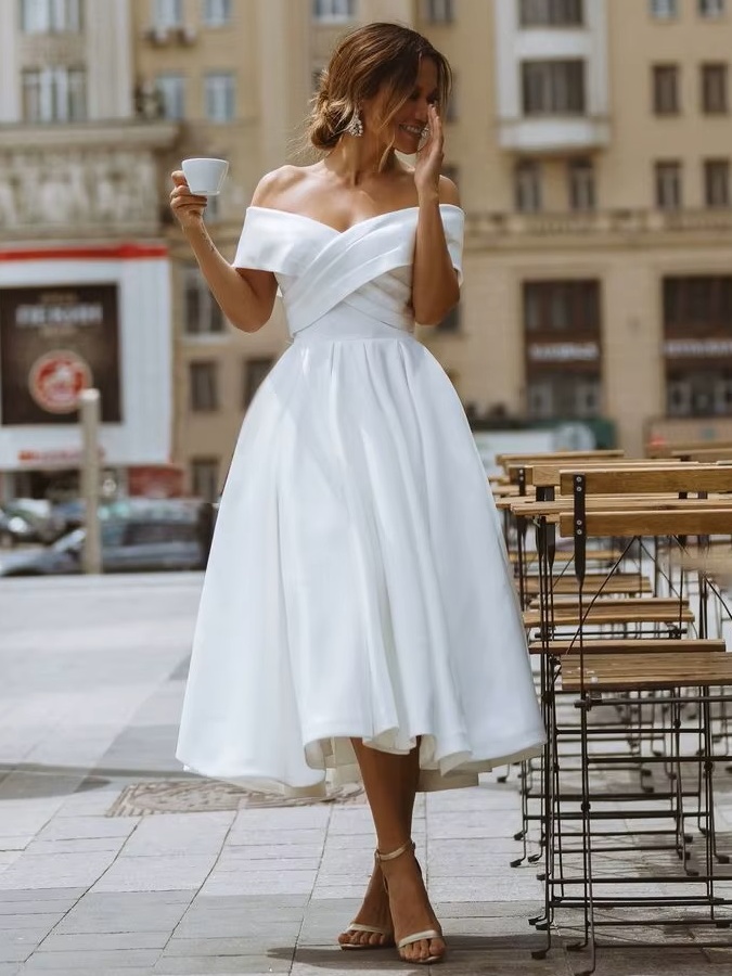 LORIE Simple Tea-length Wedding Dress Off the shoulder White Ivory Satin A-line Short Bride Gowns Beach Customized Wedding Gown 1 LORIE Simple Tea-length Wedding Dress Off the shoulder White Ivory Satin A-line Short Bride Gowns Beach Customized Wedding Gown