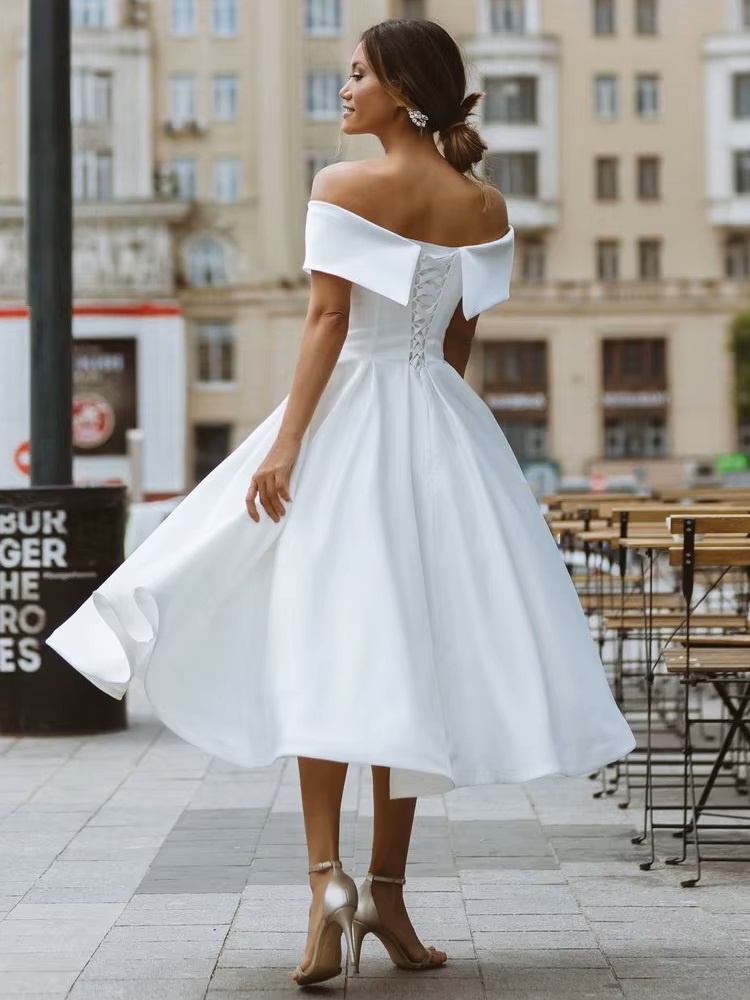 LORIE Simple Tea-length Wedding Dress Off the shoulder White Ivory Satin A-line Short Bride Gowns Beach Customized Wedding Gown 2 LORIE Simple Tea-length Wedding Dress Off the shoulder White Ivory Satin A-line Short Bride Gowns Beach Customized Wedding Gown - Bild 2