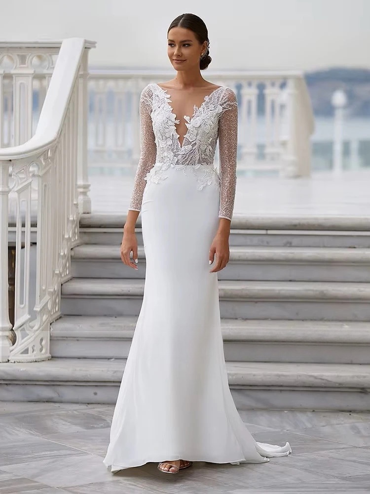 Modern Mermaid Wedding Dresses Women O-Neck Long Sleeves Backless Lace Applique Vestido De Novia Shiny Bridal Gowns Customized 1 Modern Mermaid Wedding Dresses Women O-Neck Long Sleeves Backless Lace Applique Vestido De Novia Shiny Bridal Gowns Customized