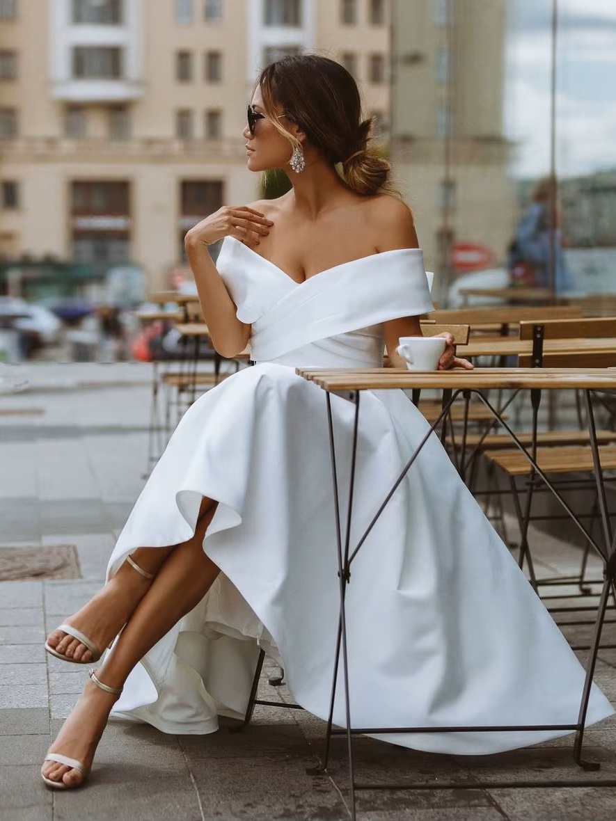 LORIE Simple Tea-length Wedding Dress Off the shoulder White Ivory Satin A-line Short Bride Gowns Beach Customized Wedding Gown 3 LORIE Simple Tea-length Wedding Dress Off the shoulder White Ivory Satin A-line Short Bride Gowns Beach Customized Wedding Gown - Bild 3