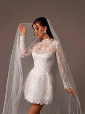 Alternative view of Vintage A-Line Lace Appliques Mini Wedding Dress For Women Simple High Neck Illusion Long Sleeves Gown Short Dress Customized