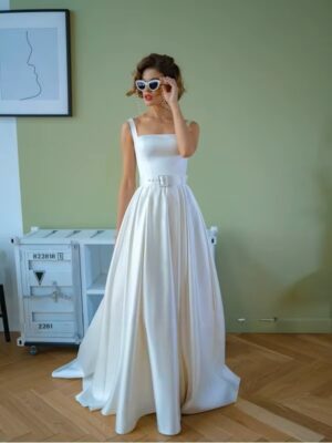 SoDigne A-line Simple Wedding Dresses Square Collar Satin Sleeveless Bridal Dress 2024 Long Bride Gown vestidos de novia