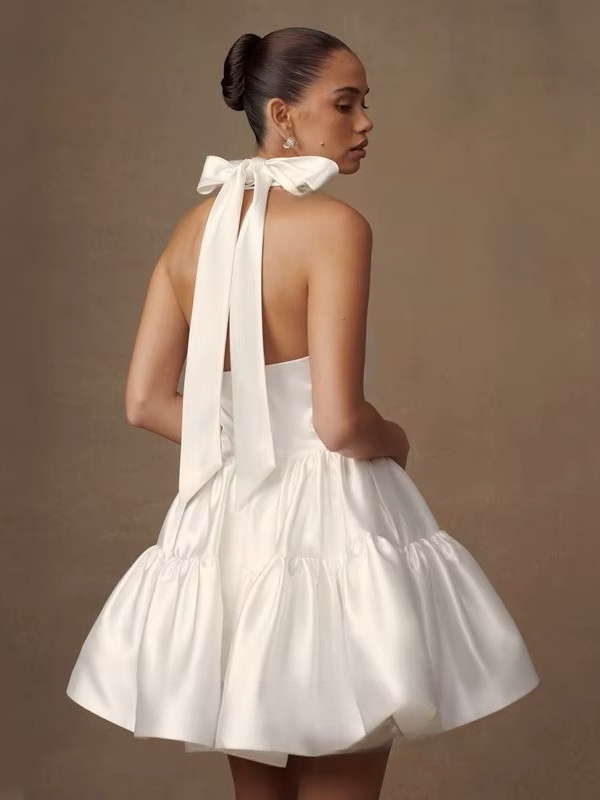 Simple Ivory Satin Mini Wedding Dress Sleeveless Pleat Halter Ball Gown Sexy Backless with Lace Up Short Bride Dress Customized 2 Simple Ivory Satin Mini Wedding Dress Sleeveless Pleat Halter Ball Gown Sexy Backless with Lace Up Short Bride Dress Customized - Bild 2