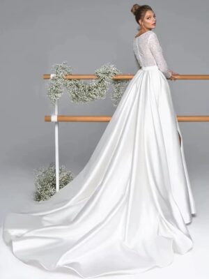 Alternative view of Luxury Long Sleeve Satin Wedding Dress Deep V-Neck Side Split Bridal Gown Vestido De Novia Train Vestidos De Novia Customized