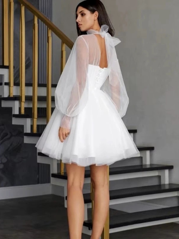 White Short Wedding Dresses for Women 2025 Bride A Line Wedding Gown Long Puff Sleeve Illusion High Collar Sweetie Customized 2 White Short Wedding Dresses for Women 2025 Bride A Line Wedding Gown Long Puff Sleeve Illusion High Collar Sweetie Customized - Bild 2
