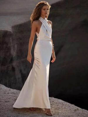 Bigday Halter Mermaid Wedding Dress Women 2025 Open Back Sleeveless Pleat Criss-Cross Bridal Gown Vestido De Noiva Customized