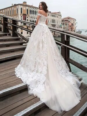 Alternative view of Fantastic Tulle A-line Wedding Dresses Off Shoulder Lace Appliques Princess Boho Wedding Gowns Lace Up Bridal Gown Customized