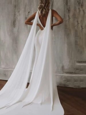 Alternative view of Elegant Mermaid Wedding Dress Women 2025 V-Neck Open Back White Satin Spaghetti Straps Bridal Gown Customized Vestidos De Novia