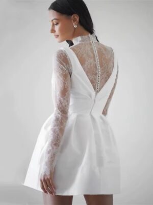 Alternative view of Customized Simple Mini Satin Lace Wedding Dress Pleat Long Sleeves Sexy High Neck Illusion With Button Short Wedding Gown 2025