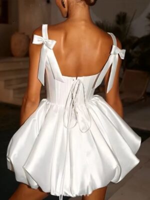 Alternative view of Simple Square Collar Satin Mini Wedding Dress Spaghetti Straps Ball Gowns 2025 Pleat Bow Backless Lace Up Short Gowns Customized