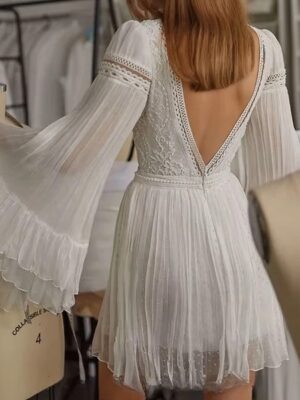 Alternative view of Exquisite Ivory Lace A-Line Mini Wedding Dress Sexy Deep V-Neck Long Sleeves Pleat Open Back Chiffon Short Dress Gown Customized