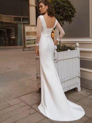 Alternative view of Elegant Long Sleeve Wedding Dress 2025 Mermaid Open Back Satin Backless O-Neck Bridal Gown  Lace Up Vestido De Novia Customized