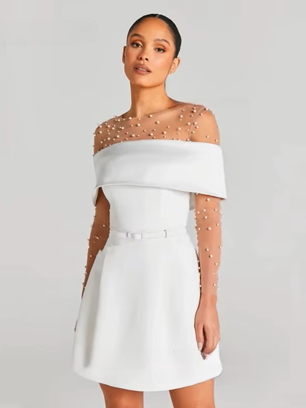 Customized Modern Mini Satin Wedding Dresses Sexy Boat Neck Pleat Pearls Long Sleeves Bride Dresses Sexy Backless Wedding Gowns 3 Customized Modern Mini Satin Wedding Dresses Sexy Boat Neck Pleat Pearls Long Sleeves Bride Dresses Sexy Backless Wedding Gowns - Bild 3