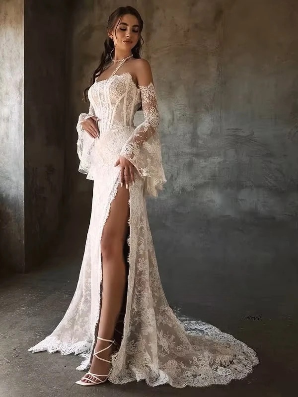 SoDigne Mermaid Lace Wedding Dresses Strapless Detachable Sleeves Bridal Dress Split Wedding Gown Robe De Mairee Customized 1 SoDigne Mermaid Lace Wedding Dresses Strapless Detachable Sleeves Bridal Dress Split Wedding Gown Robe De Mairee Customized