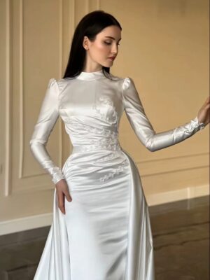 Alternative view of SoDigne Mermaid Satin Wedding Dresses High Neck Full Sleeves Bridal Dress Detachable Train Bride Gown Robe De Mairee ﻿Customized