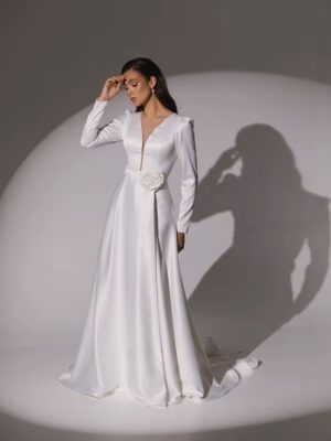 Alternative view of SoDigne A-line Elegant Wedding Dresses V-neck Full Sleeves Stain Bridal Dress Long Bridal Gown vestidos de novia 2025 Customized