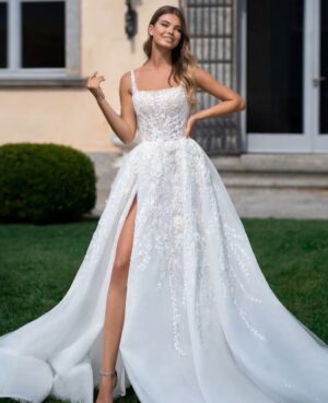 SoDigne Luxury A-line Wedding Dresses Square Collar Sleeveless Bridal Gown Beach Backless Appliques Tulle Split Bridal Dress