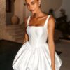 Simple Square Collar Satin Mini Wedding Dress Spaghetti Straps Ball Gowns 2025 Pleat Bow Backless Lace Up Short Gowns Customized 7 S605f093f9d434405b59780a995989253u Cropped