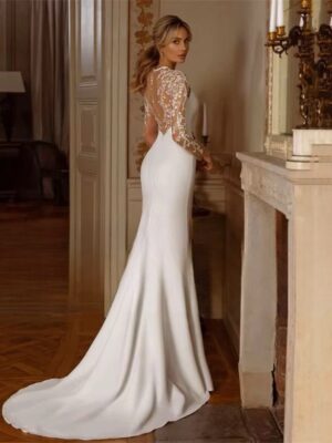 Alternative view of Elegant Mermaid Wedding Dress Women Long Sleeves Lace Illusion Back O-Neck Crepe Bridal Gown Train Vestidos De Noiva Customized