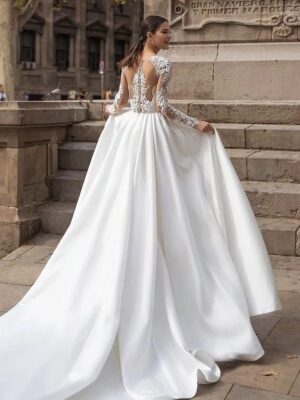 Alternative view of SoDigne A-line Satin Wedding Dresses O-neck Appliques Full Sleeves Bridal Dress Long Bride Gown vestidos de novia Customized