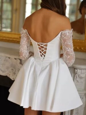 Alternative view of Simple Mini Lace Wedding Dress Vintage Strapless Formal Pleat Off Shoulder Sequined Ball Gowns Sexy Backless Lace Up Customized