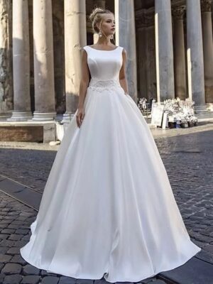 SoDigne Satin Simple A-line Wedding Dress O-neck Sleeveless Appliques Bride Dresses Long Elegant Bridal Gown Vestido De Noiva