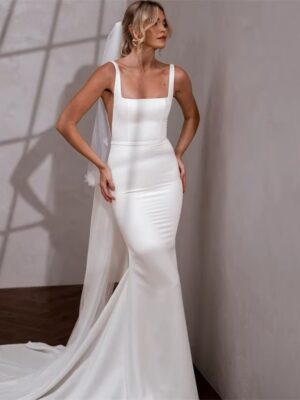Elegant Mermaid Wedding Dresses Women Spaghetti Strap Open Back Square Collar Bridal Gown Train Vestidos De Noiva Customized