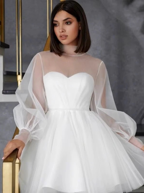 White Short Wedding Dresses for Women 2025 Bride A Line Wedding Gown Long Puff Sleeve Illusion High Collar Sweetie Customized 3 White Short Wedding Dresses for Women 2025 Bride A Line Wedding Gown Long Puff Sleeve Illusion High Collar Sweetie Customized - Bild 3