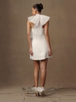 Alternative view of Simple Mini Mermaid Satin Wedding Dress Sexy Sleeveless Tulle Hatler Formal Pleat Open Back with Bow Boho Short Grown Customized