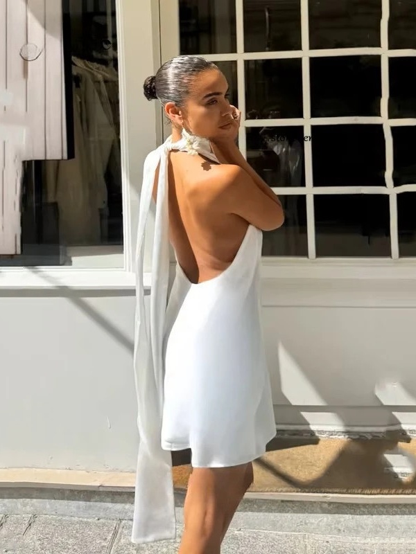 Simple Satin White Sheath Mini Wedding Dress 2025 Sexy Sleeveless High Neck Pleat Bow Elegant Backless Short Gowns Customized 4 Simple Satin White Sheath Mini Wedding Dress 2025 Sexy Sleeveless High Neck Pleat Bow Elegant Backless Short Gowns Customized - Bild 4