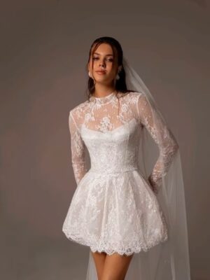 Vintage A-Line Lace Appliques Mini Wedding Dress For Women Simple High Neck Illusion Long Sleeves Gown Short Dress Customized