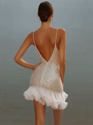Alternative view of Customized Beach Mermaid Mini Wedding Dress Glitter Sexy V-Neck Spaghetti Straps Backless Pleat Sequined Short Bridal Gowns 2025