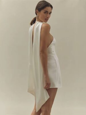 Alternative view of Simple Ivory Mini Wedding Dress Pleat Sexy Halter Sleeveless Bride Dresses Illusion Open Back Short Sheath Prom Gowns Customized