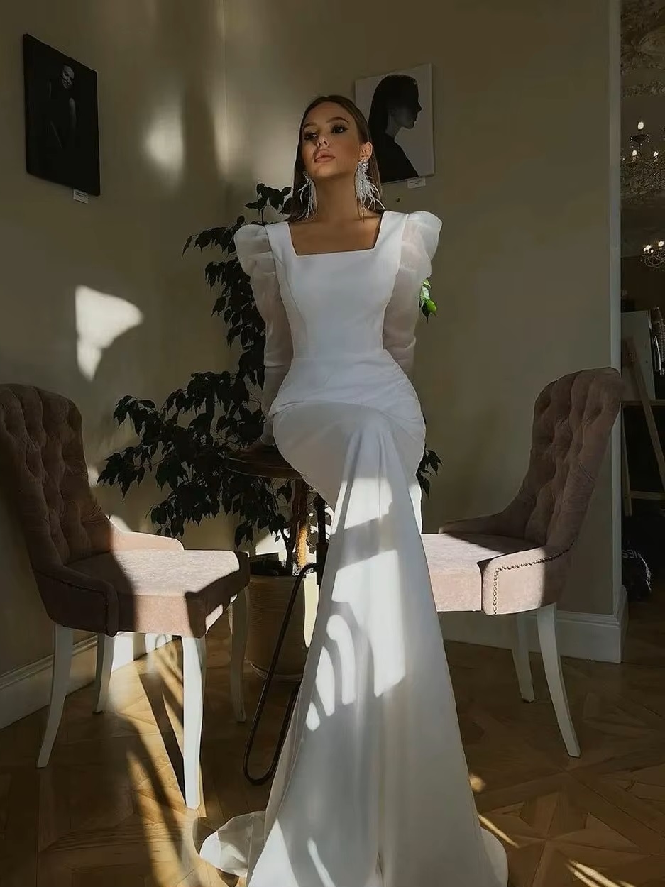 SoDigne Classic Satin Wedding Dresses Mermaid Puff Sleeves Square Neck Bridal Gown With Button Wedding Party Dress 3 SoDigne Classic Satin Wedding Dresses Mermaid Puff Sleeves Square Neck Bridal Gown With Button Wedding Party Dress - Bild 3