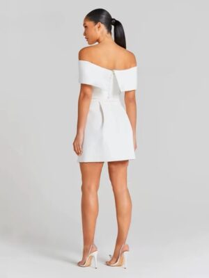 Alternative view of Customized Modern Mini Satin Wedding Dresses Sexy Boat Neck Pleat Pearls Long Sleeves Bride Dresses Sexy Backless Wedding Gowns