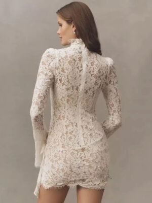 Alternative view of Classic Lace Appliques Mini Wedding Dresses Sexy Sheath Long Sleeves High Neck Bride Dress Anove Knee Pleat Lace Up Customized
