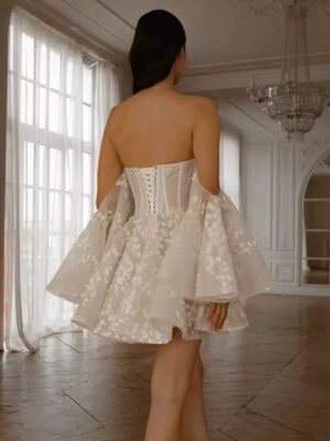 Alternative view of Vintage A-Line Short Wedding Dress Simple Strapless Off Shoulder Pleated Appliques Sexy Backless Lace Up Bridal Gowns Customized