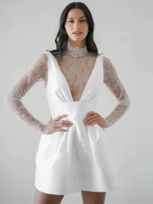 Customized Simple Mini Satin Lace Wedding Dress Pleat Long Sleeves Sexy High Neck Illusion With Button Short Wedding Gown 2025 5 S97ff20c995714affb42137cb7d33f04fz Cropped