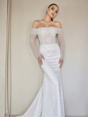 SoDigne Mermaid Glitter Wedding Dresses Off Shoulder Long Sleeves Sequined Bridal Dress Wedding Gown Robe De Mairee Customized