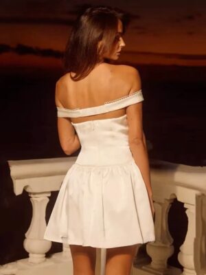 Alternative view of Boho Mini Satin Wedding Dress Simple Off Shoulder Sleeveless Pleat Bows Bride Dress Sexy Backless with Zipper Gowns Customized