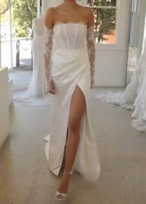 Alternative view of SoDigne Mermaid Boho Wedding Dresses Strapless Satin/Lace Bridal Dress Split Long Beach Wedding Gown Robe De Mairee Customized