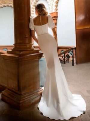 Alternative view of Classic Mermaid Wedding Dress Women Short Puff Sleeve Square Collar Illusion Back Bridal Gown Train Vestidos De Noiva Customized