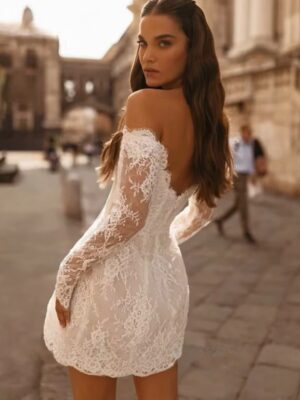 Alternative view of Boho Mermaid Mini Long Sleeves Wedding Dress Lace Appliques Sexy Strapless Pleated Open Back with Zipper Bridal Grown Customized