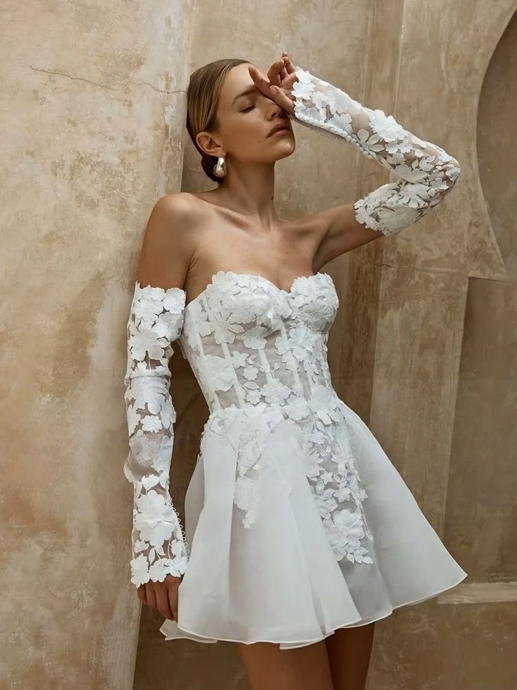 Civil Short Boho Wedding Dresses Appliques Half Sleeve sweetheart Mini Wedding Gowns For Bride Floral Print Robe 2025 Customized 3 Civil Short Boho Wedding Dresses Appliques Half Sleeve sweetheart Mini Wedding Gowns For Bride Floral Print Robe 2025 Customized - Bild 3